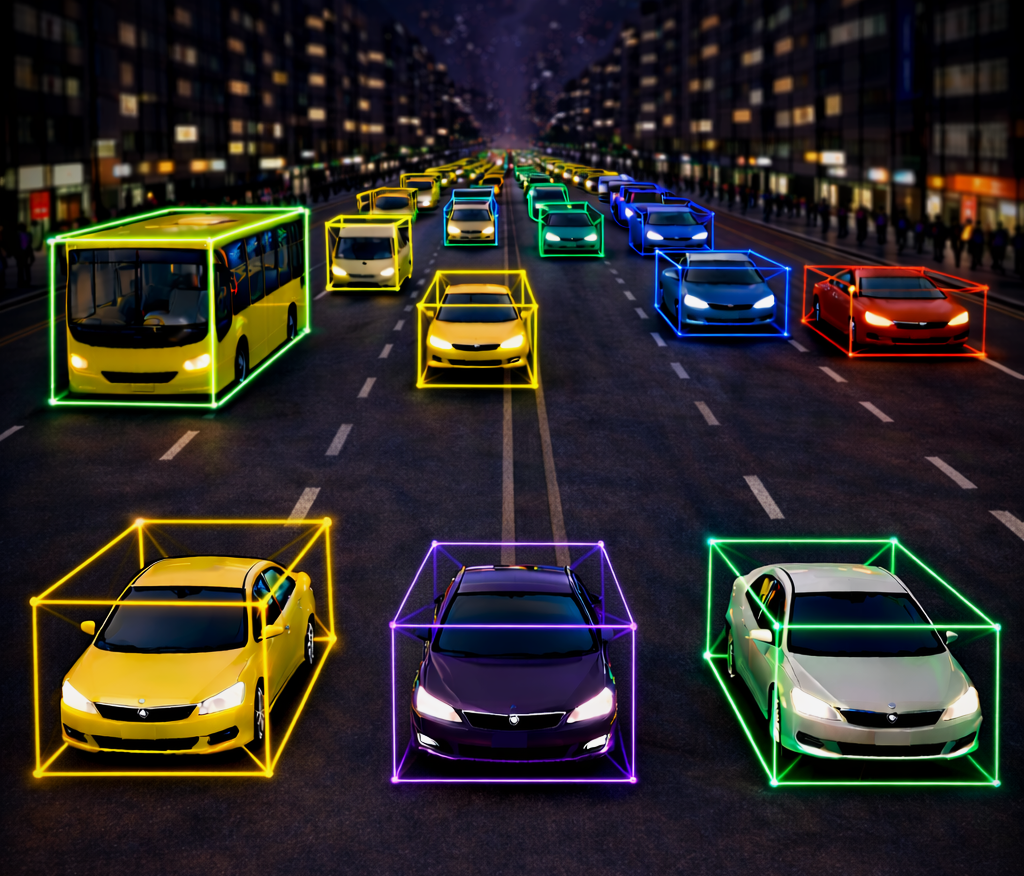 Top view of busy street with cuboid annotations for vehicles, pedestrians, pets and traffic signals